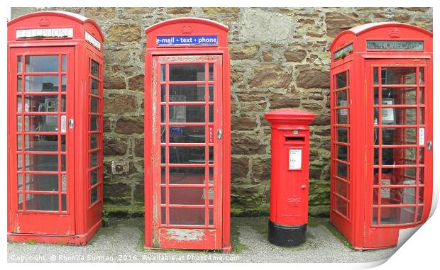 Iconic red telephone boxes with an iconic red post Print by Rhonda Surman