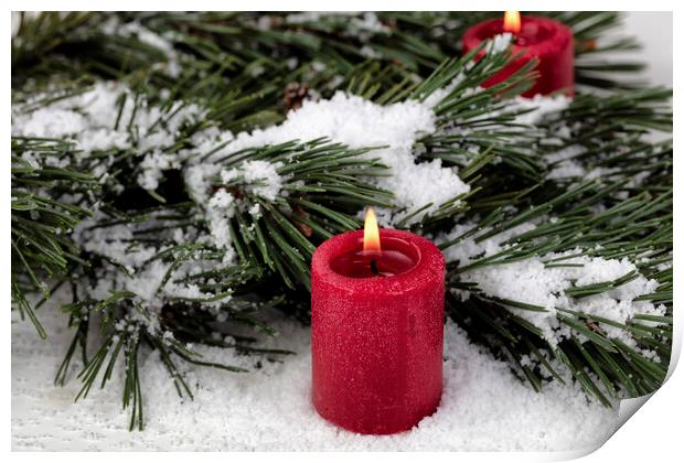 Close up view of a glowing red candle with snow covered fir tree Print by Thomas Baker