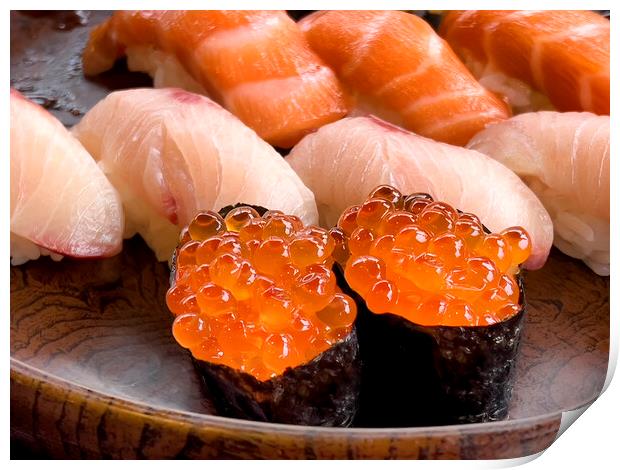 Close up of sushi salmon fish eggs with yellow tail and salmon p Print by Thomas Baker
