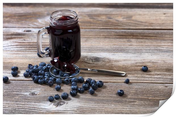 Fresh blueberry jam and berries with glass jar on  Print by Thomas Baker