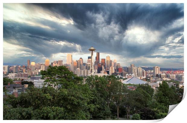 Skyline of Seattle Washington with storm approaching  Print by Thomas Baker