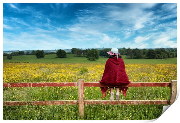 Woman sitting on fence while looking out at the farmland   Print by Thomas Baker