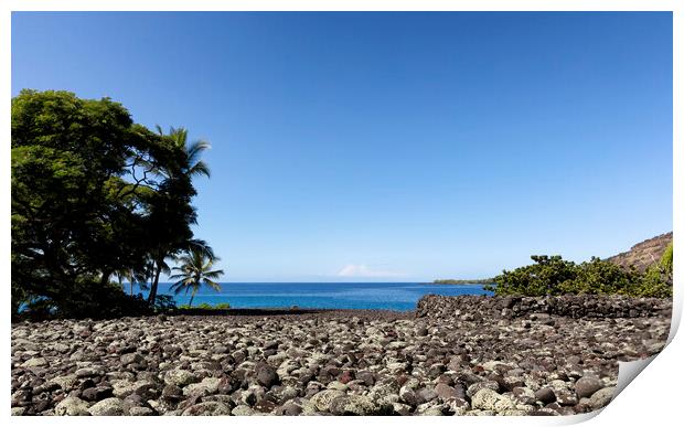 Front view of a rock beach in Hawaii with ocean and sky in backg Print by Thomas Baker