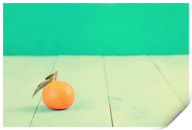 Fresh Tangerine On Blue Table Print by Radu Bercan