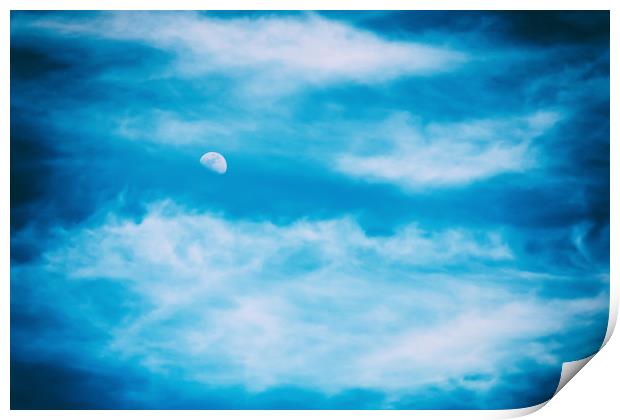 Moon Visible In Blue Sky With White Soft Clouds Print by Radu Bercan