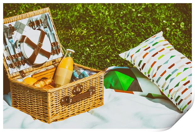 Picnic Basket Food On White Blanket With Pillows I Print by Radu Bercan