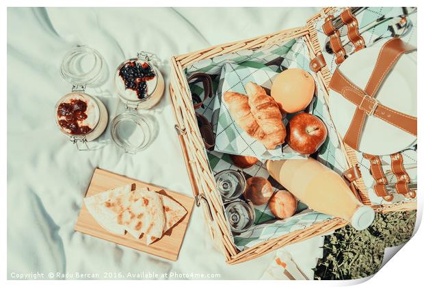 Picnic Basket With Fruits, Orange Juice, Croissant Print by Radu Bercan