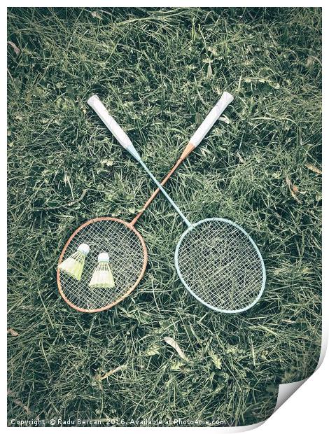 Badminton Racket And Shuttlecock Equipment In Gras Print by Radu Bercan