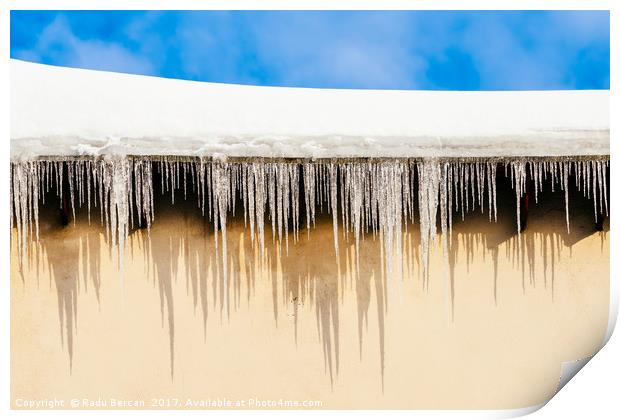 House Roof Covered In Snow And Dangerous Icicles Print by Radu Bercan