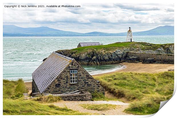 Boathouse on Llanddwyn Island Anglesey Print by Nick Jenkins