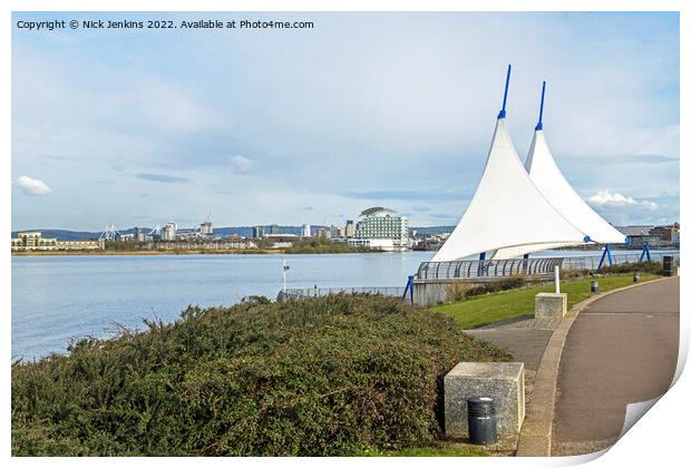 Cardiff Bay with The Scott Memorial Sails  Print by Nick Jenkins