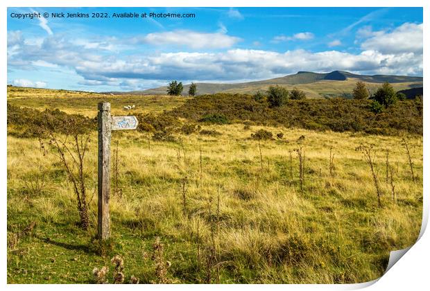 Wooden Post Aiming at Pen y Fan and Corn Du  Print by Nick Jenkins