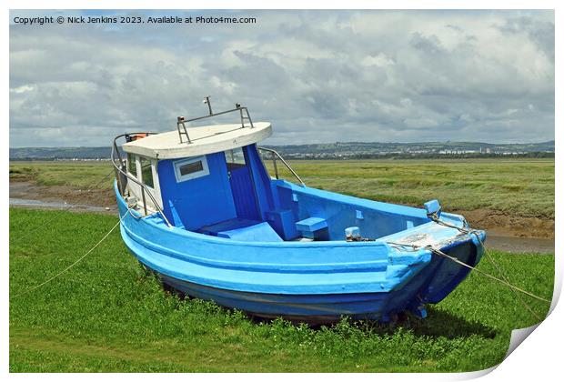 Lovely Blue Boat at Penclawdd Gower in August  Print by Nick Jenkins