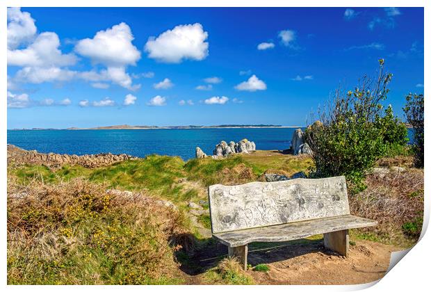 Carved Wooden Bench on St Agnes Isles of Scilly Print by Nick Jenkins