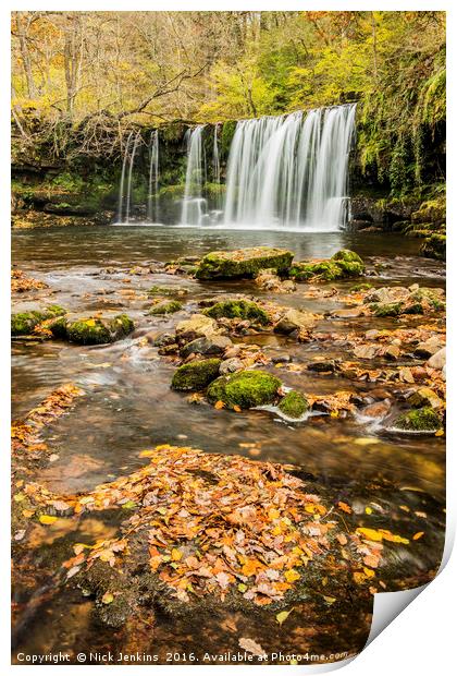 Upper Ddwli Falls Vale of Neath in autumn Print by Nick Jenkins