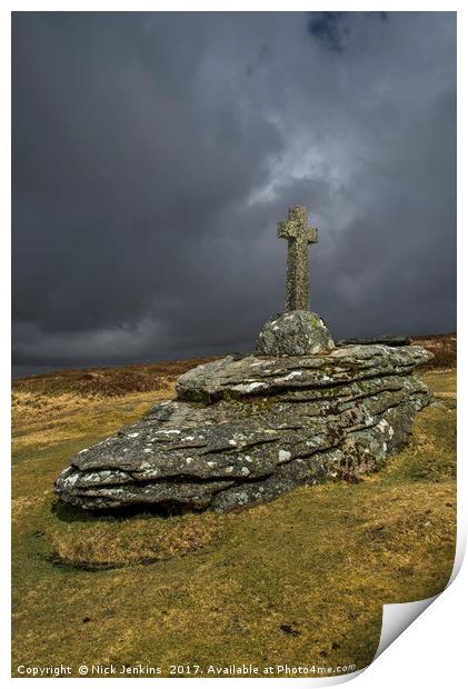 Babeny Memorial Cross on Dartmoor Print by Nick Jenkins