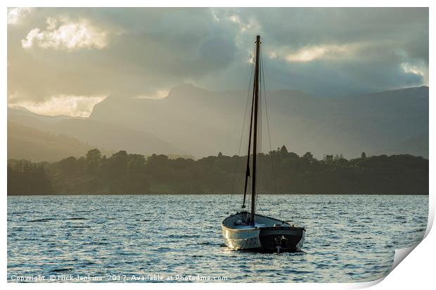 Langdale Pikes and boat across Windermere Lake Dis Print by Nick Jenkins