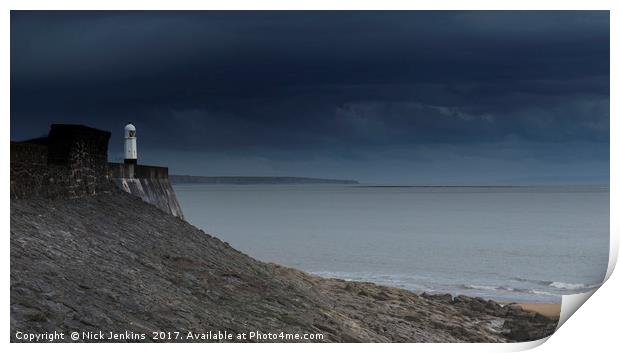Porthcawl Lighthouse and Harbour Wall South Wales Print by Nick Jenkins