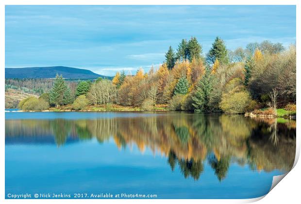 Reflections in Llwyn Onn Reservoir Brecon Beacons  Print by Nick Jenkins