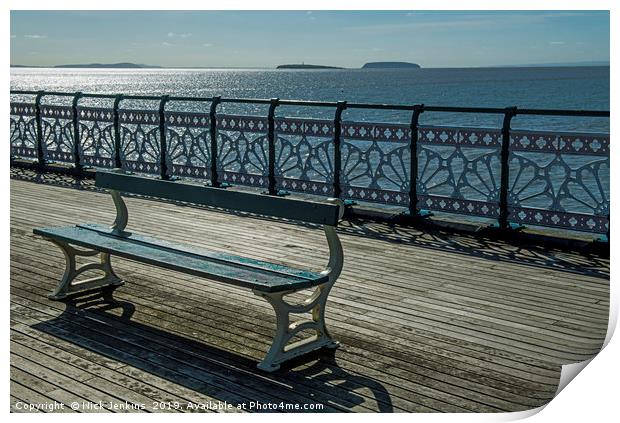Bench on Penarth Pier South Wales Print by Nick Jenkins