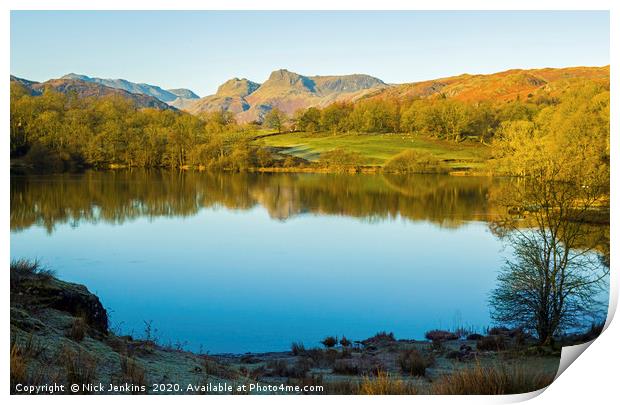 Loughrigg Tarn and Langdale Pikes Lake District Print by Nick Jenkins