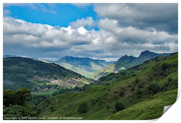 Looking Up the Great Langdale Valley Lake District Print by Nick Jenkins