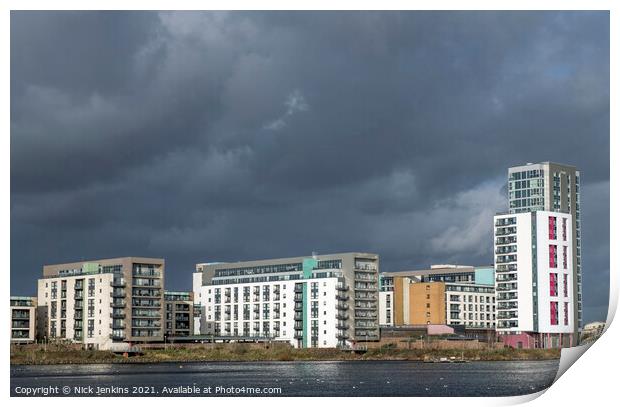 Cardiff Bay Apartments under late afternoon sunlig Print by Nick Jenkins