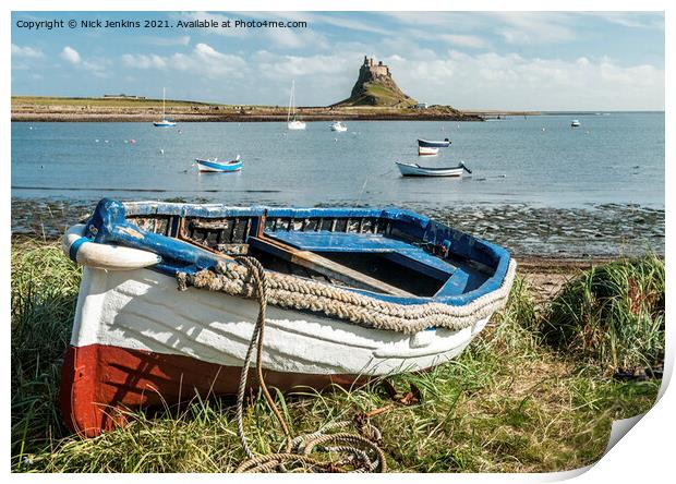 Rowing Boat and Castle Lindisfarne Northumberland Print by Nick Jenkins
