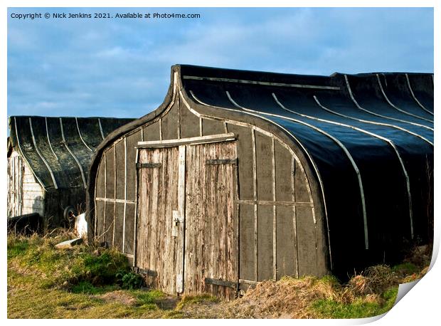 Upturned Herring Boats now used as sheds on Lindis Print by Nick Jenkins