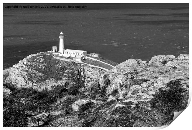 South Stack Lighthouse Anglesey Monochrome  Print by Nick Jenkins