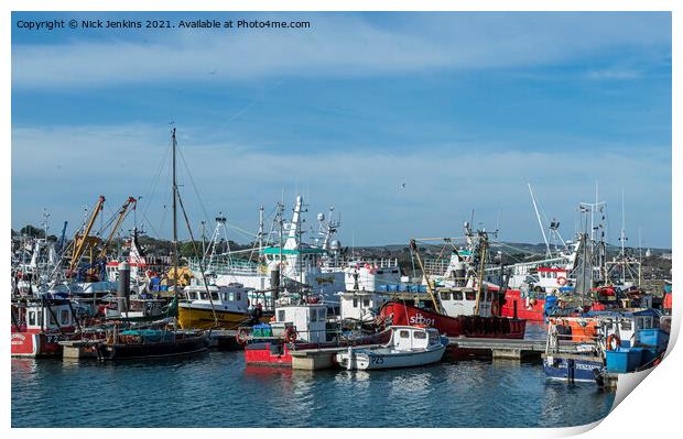 A Busy Newlyn Harbour with fishing boats moored up Print by Nick Jenkins