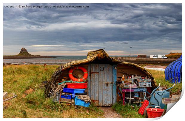 Upturned boats used as fishing shelters - on Holy Island. Print by Richard Morgan