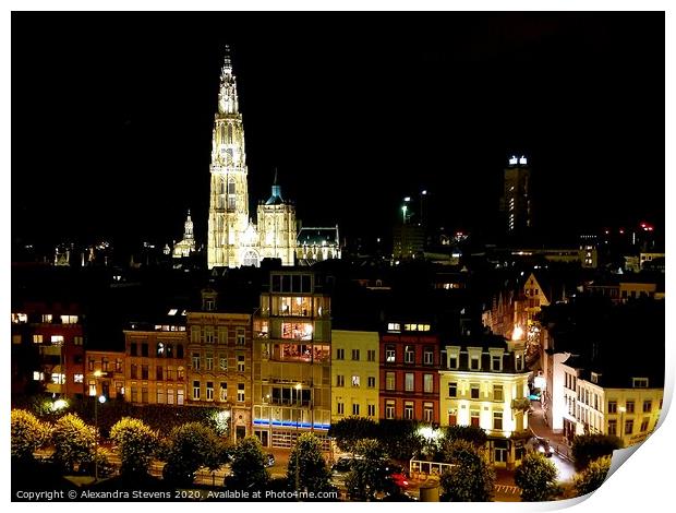 Antwerp and Cathedral of our Lady at night Print by Alexandra Stevens