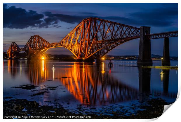 Floodlit Forth Rail Bridge at dusk Print by Angus McComiskey