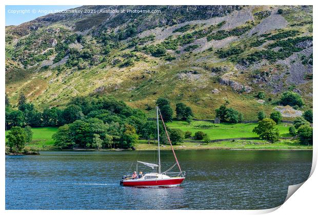 Yacht motoring south on Ullswater Print by Angus McComiskey