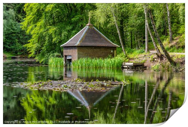 Loch Dunmore boathouse in Faskally Forest Print by Angus McComiskey