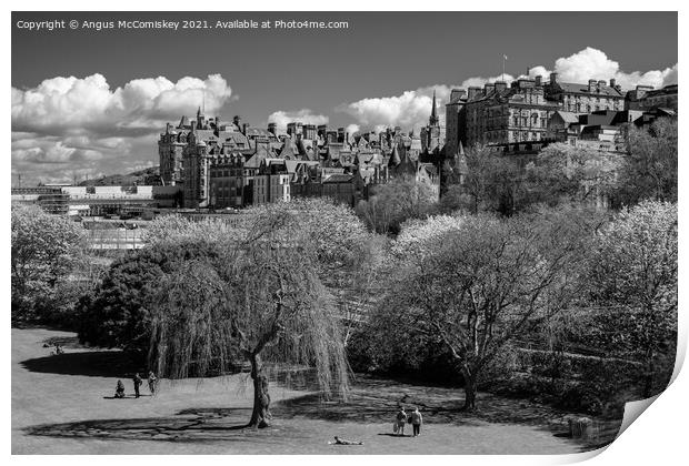 Princes Street Gardens and Edinburgh Old Town mono Print by Angus McComiskey