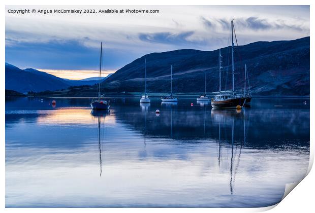 Yachts moored on Loch Broom at daybreak Print by Angus McComiskey