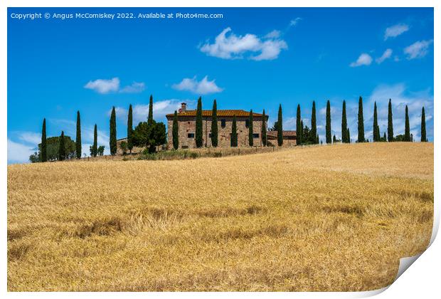 Tuscan stone farmhouse with cypress trees Print by Angus McComiskey