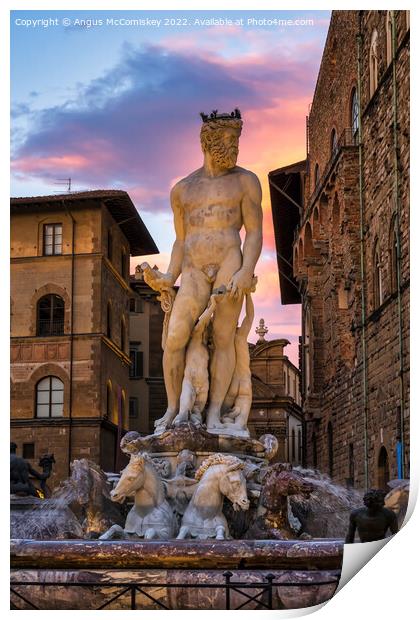 Fountain of Neptune at sunset in Florence, Tuscany Print by Angus McComiskey