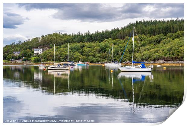 Yachts moored at Salen Jetty, Ardnamurchan Print by Angus McComiskey