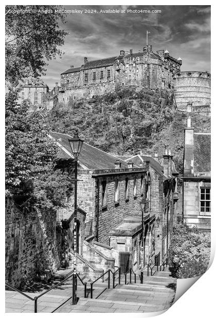 The Vennel and Edinburgh Castle (black and white) Print by Angus McComiskey