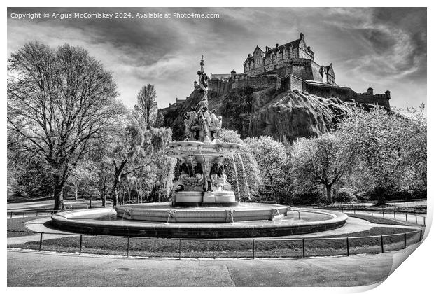 Ross Fountain and Edinburgh Castle in spring mono Print by Angus McComiskey