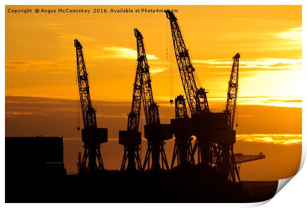 Cranes on the River Clyde at sunset Print by Angus McComiskey