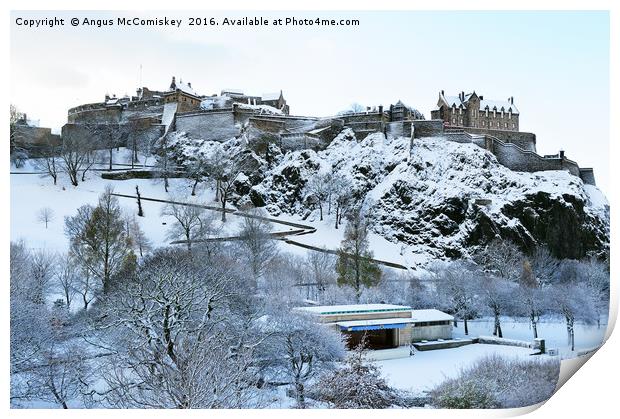 Edinburgh Castle and Ross Bandstand in snow Print by Angus McComiskey