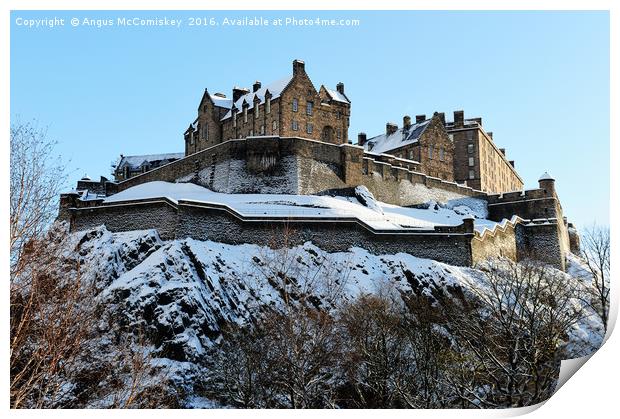 Edinburgh Castle in snow Print by Angus McComiskey