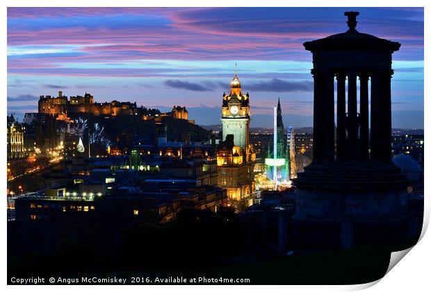 Edinburgh city skyline at dusk from Calton Hill Print by Angus McComiskey