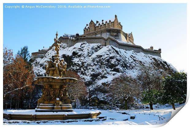 Edinburgh Castle and Ross Fountain in snow Print by Angus McComiskey