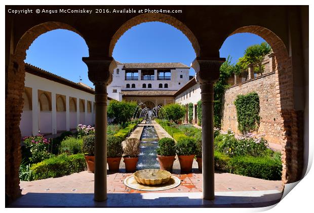 Fountain and water channel in Generalife Palace Print by Angus McComiskey