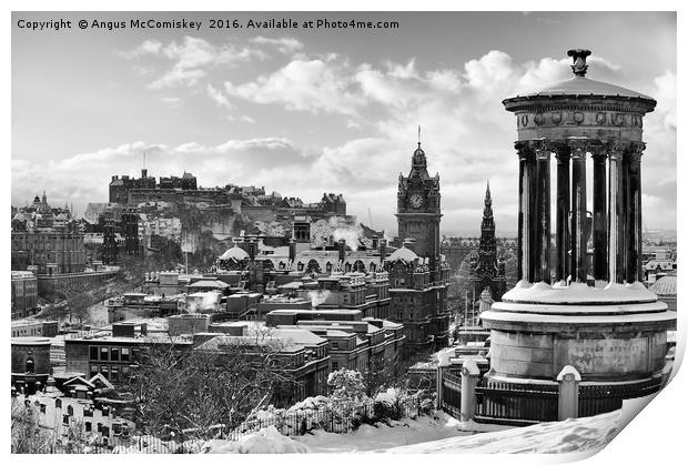 Edinburgh skyline in snow from Calton Hill mono Print by Angus McComiskey